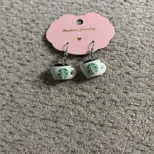 White and Green Coffee Cup Logo Charm Earrings